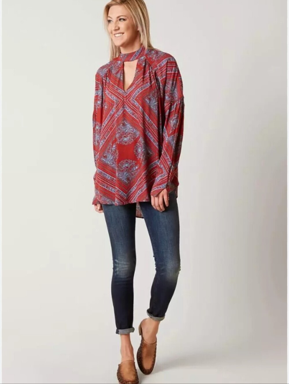 Free People Walking On A Dream Women's Coral/Red and Gray Tunic Top Size L